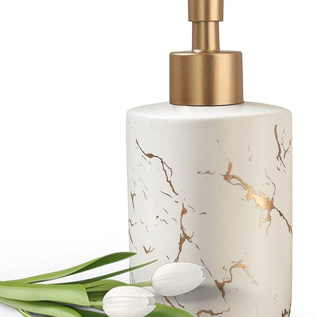 Gold Ceramic Soap Dispenser for Bathroom White Soap Dispenser for Kitchen Dish Soap Dispenser with Marble Pattern Liquid Hand Soap Dispenser Pump Bottle (White)