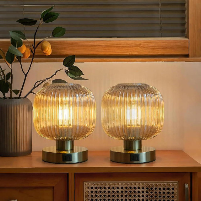 Touch Control Small Table Lamp Set of 2, Elegant Gold Glass Bedside Lamp 3 Way Dimmable with USB C+A Charging Ports - Bedroom Nightstand & Living Room Essential, 4W Bulb Included