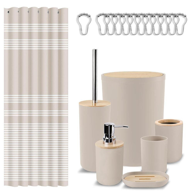 Britimes Bathroom Accessories Sets, Boho Shower Curtain Set with Trash Can, Soap Dispenser, Toilet Brush Holder, Toothbrush Holder and Toothbrush Cup for Bathroom Decor (Beige)