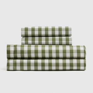 Classic Organic Percale Gingham Sheet Set in Olive - Queen