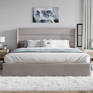 SHA CERLIN Queen Size Lift Up Storage Bed/Modern Wingback Headboard/Upholstered Platform Bed Frame/Hydraulic Storage/No Box Spring Needed/Wood Slats Support/Light Beige