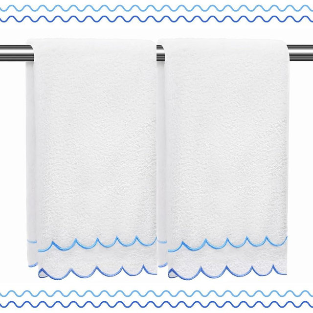 RRBXIA 2 Pcs Coquette Bow 100% Cotton Hand Towels for Bathroom Scalloped Hand Towels 16 * 27 Inch Embroidered Decorative 600 GSM Soft Absorbent Bath Towel for Spa Yoga Hotel Sport (Royal Blue)