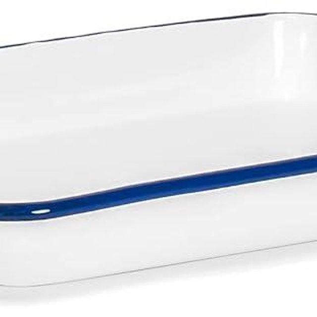 Red Co. 11" x 9" Enamelware Metal Classic 2 Quart Rectangular Serving Tray, Solid White/Navy Blue Rim