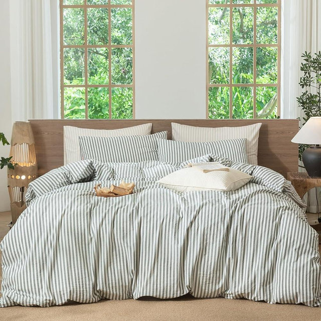MooMee Striped Duvet Cover Set 100% Washed Cotton Linen Like Textured Breathable Durable Soft Comfy (Heathered Green Classic Stripes, Super King 108"x98")
