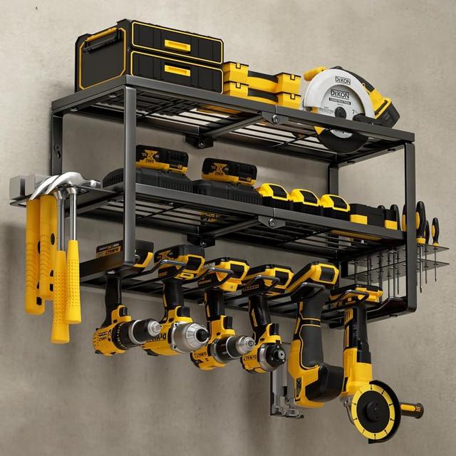 YYR Heavy Duty Power Tool Organizer Wall Mount, Cordless Drill Hanger Storage Rack, Battery Tools Holder with Charging Station Shelf for Garage Organization, Workshop, Pegboard, Shed - 24 Inch 6 Slots