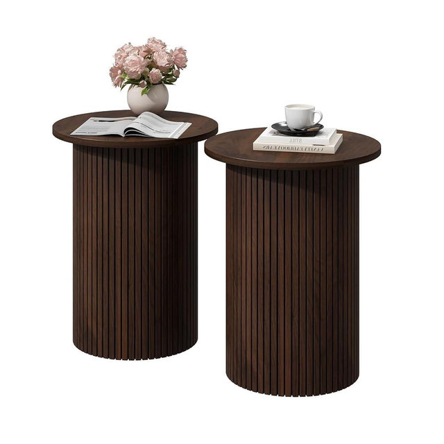Wnutrees Round Fluted End Table, Small Accent Pedestal Side Table, Wood Fluted Nightstand Bedside Table for Living Room, Bedroom, Handcrafted Finish, Brown, 2Pack