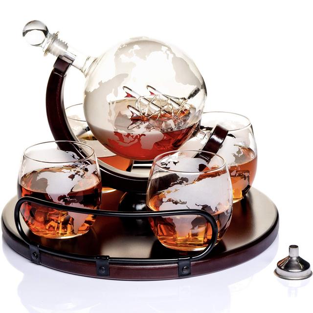 Whiskey Decanter Sets Globe Decanter for Alcohol – Newest Large Etched Globe Decanter for Men and Women with Wood Base – Personalized Set with 4 Glasses for Liquor, Scotch, Bourbon, Brandy, Vodka