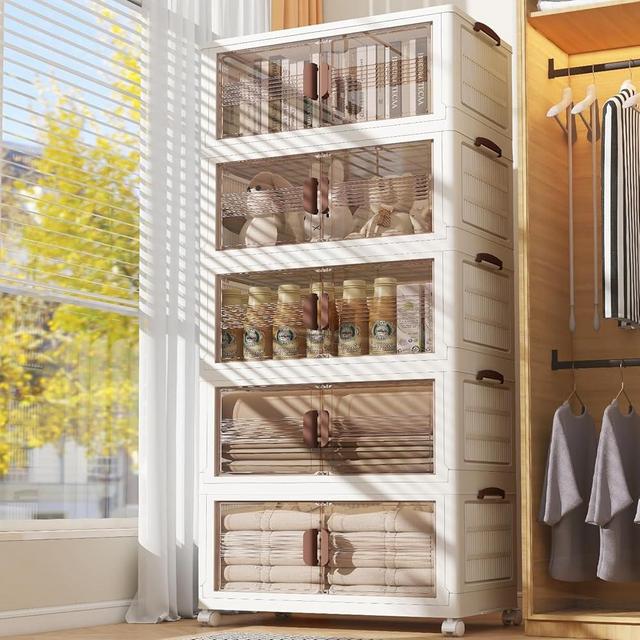 Storage Bins with Lids,78 Quart Collapsible Storage Bins,5 Packs Large Plastic Storage Bins,Closet Organizers and Storage,Double Doors Stackable Storage Bins with Wheels for Home, Ofiice, Dorm Room