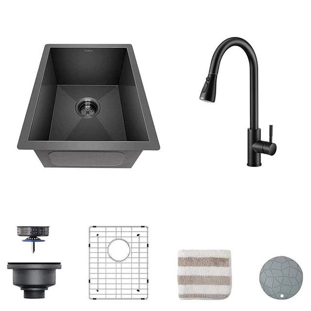 Bar Sink， TORVA 14 x 18 Inch Undermount Kitchen Sink, Gloss Black Ceramic Coating with NanoTek Undermount Sink and Black Pull Down High Arc Kitchen Faucets