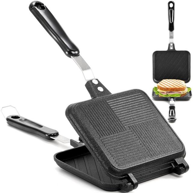 Elsjoy Hot Sandwich Maker, Grilled Sandwich Press with Handle, Stovetop Toasted Sandwich Maker Aluminum Flip Pan for Home, Kitchen, Breakfast