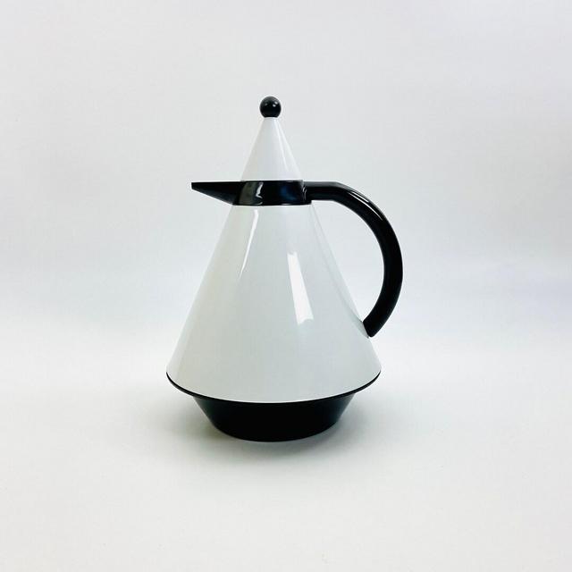 Vintage post modern conical thermos teapot, Eighties design insulated pitcher, black and white