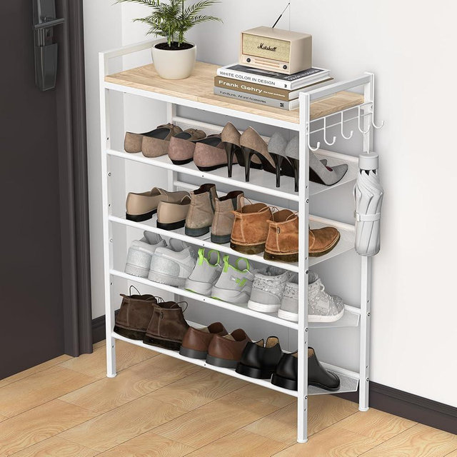Refrze Shoe Rack for Front Door Entrance, 5 Tier Height-Adjustable Metal Shoe Rack, Sturdy Wooden Top and Tiltable Steel Frame Heavy Duty Shoe Organizer for Bathroom,Bedroom,Kitchen，Include Hook
