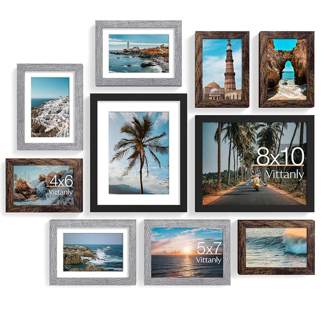 Vittanly 10 Pack Picture Frames Collage Wall Decor, Gallery Frame Set for Wall Mounting or Tabletop Display, Multi Sizes Including 2pcs 8x10, 4pcs 5x7, 4pcs 4x6, Black, Brown and Grey