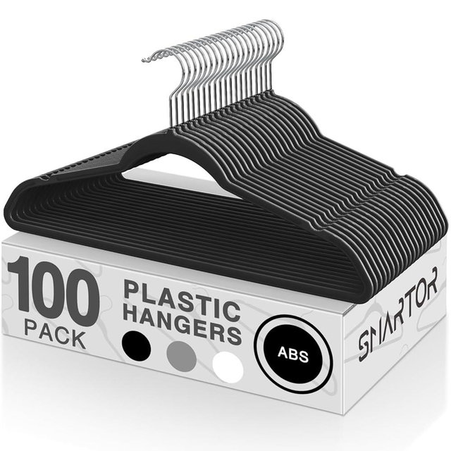 SMARTOR Heavy Duty Hangers 100 Pack, Premium Plastic Hangers for Clothes - Heavy Duty Non-Velvet Hangers with 360° Swivel Chrome Hook & Non Slip Notches - As Dress, Coats, Shirt, Jacket Hanger - Black