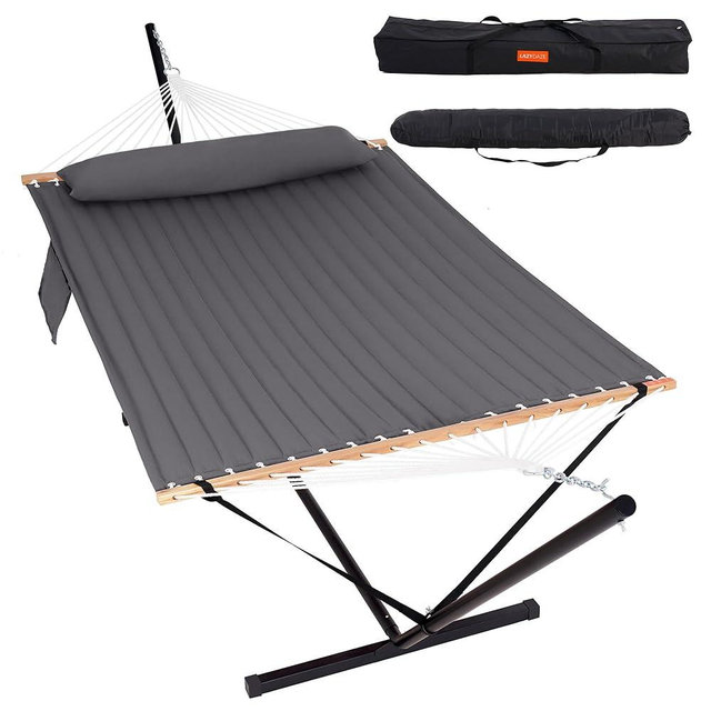 Lazy Daze Hammocks 2 Person Portable Hammock with 12FT Stand for Outside, 10.5FT Quilted Double Hammock with Spreader Bar and Detachable Pillow, 450lbs Capacity for Outdoor Patio, Grey