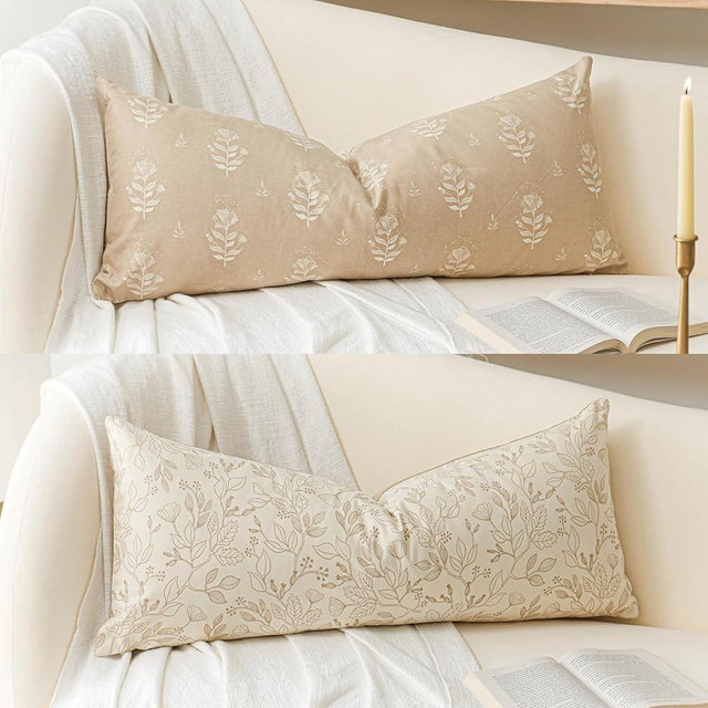 SageSelvas Farmhouse Decorative Throw Pillow Cover 14X36, Cream Accent Lumbar Throw Pillow for Bed, Floral Neutral Beige Cotton Pillowcase for Couch Sofa Living Room, 1PC