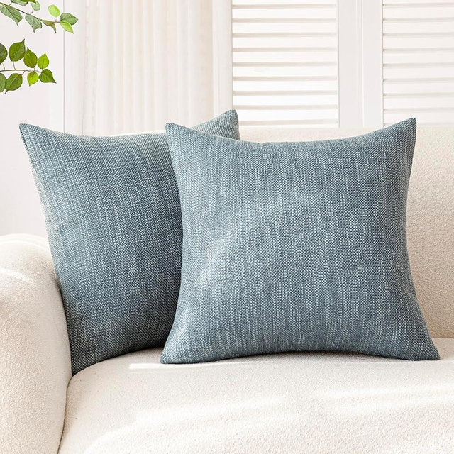 Foindtower Set of 2 Decorative Textured Burlap Linen Throw Pillow Covers Farmhouse Boho Cushion Cover Solid Accent Pillowcase for Couch Sofa Bed Living Room Home Decor,20×20 Inch,Blue Gray