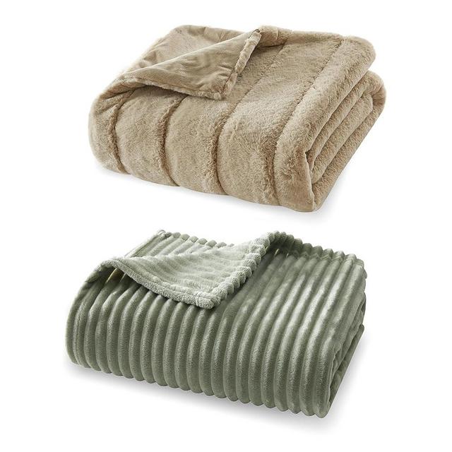 Geniospin Fleece Throw Blanket（Sage Green and Taupe）