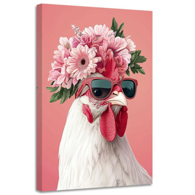 CGXLB Funny Chicken Wall Art Rooster With Sunglasses Pictures Framed Pink Painting For Children's Room Farmhouse Dining Room Kitchen 12"x18"