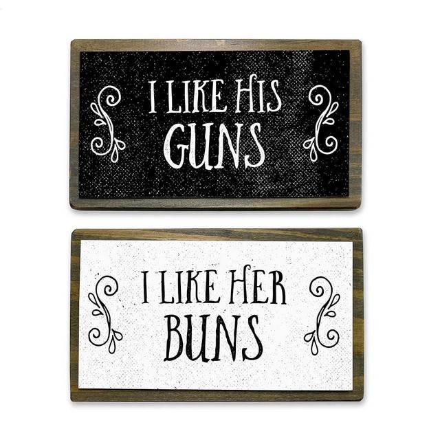 I Like His Guns, I Like Her Buns - Two 6" Handmade Rustic Couple Metal Wood Signs – Cute Rustic Wall Decor Art - Farmhouse Decorations – Couple Bathroom Signs