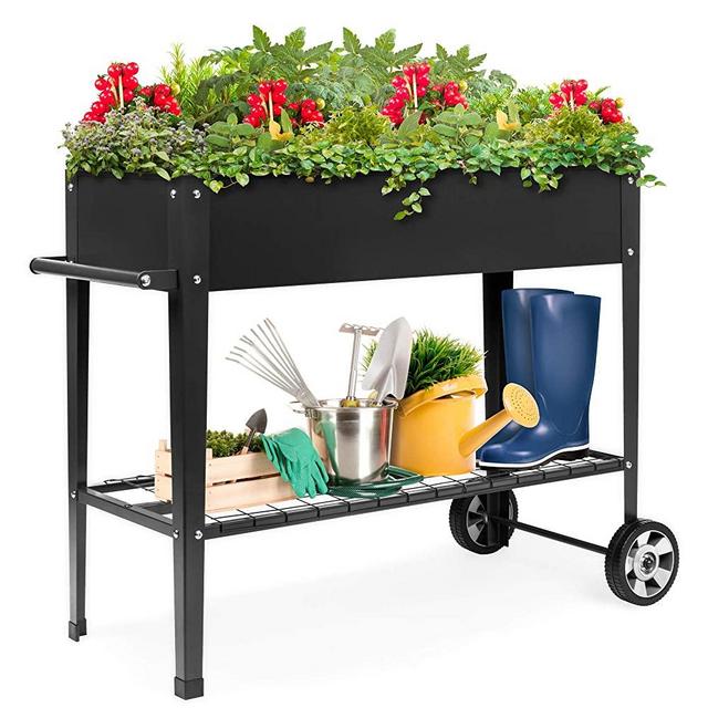 Best Choice Products Elevated Mobile Rised Ergonomic Metal Planter Garden Bed for Backyard, Patio w/Wheels, Lower Shelf, 38x16x32in, Dark Gray
