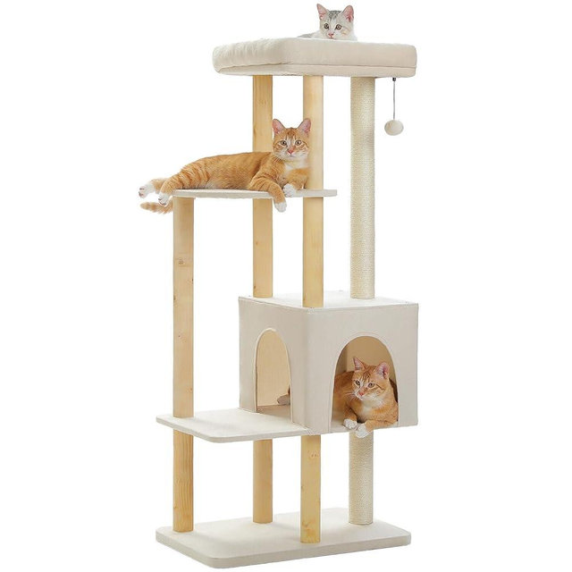 PAWZ Road Large Cat Tree, 53 Inches Modern Wooden Cat Tower for Indoor Large Cats, Multi-Level Cat Condos with Long Scratching Posts and Natural Wood Posts-Beige