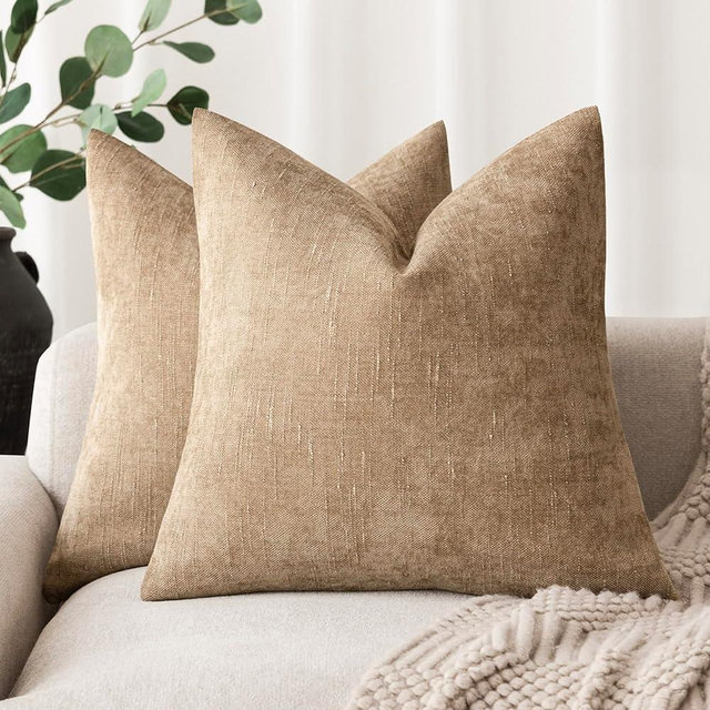 Foindtower Pack of 2 Textured Chenille Throw Decorative Pillow Covers Square Accent Solid Cushion Cover Neutral Farmhouse Pillow Case for Couch Sofa Bedroom Living Room 20x20 Inch,Taupe Khaki Camel
