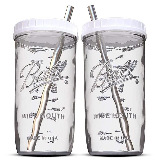 Reusable Wide Mouth Smoothie Cups Boba Tea Cups Bubble Tea Cups with Lids and Silver Straws Ball Mason Jars Glass Cups (2-pack, 24 oz mason jars)