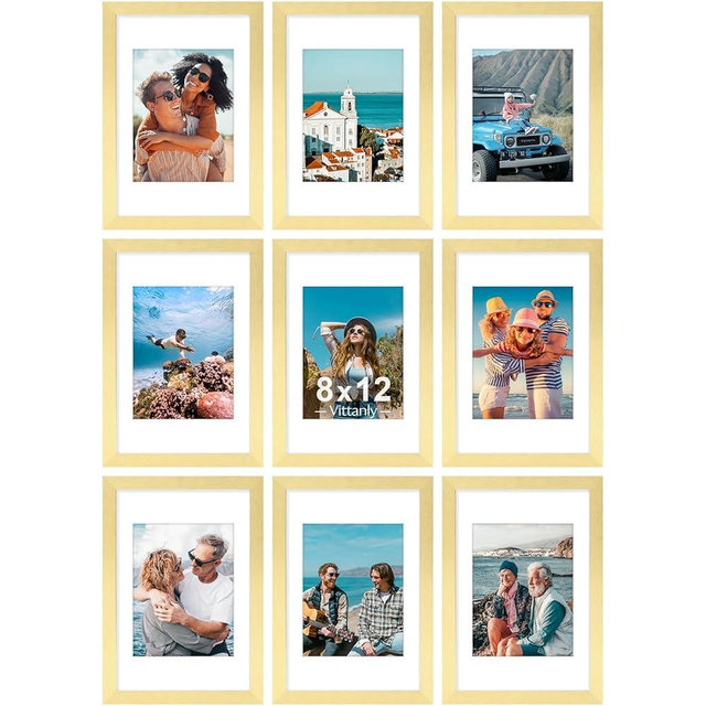 Vittanly 8x12 Picture Frames Set of 9, Shatter Resistant Plexiglass, Display 6x8 Pictures with Mat or 8x12 without Mat, Photo Frames for Wall or Tabletop, Engineered Wood, Gold