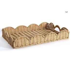 Scalloped Edge Imitation Rattan Tray Basket,17"*13" Super Hard Rectangle Hand Woven Wicker Serving Trays with Handles, Seagrass Decoratve Trays for Coffee Table (Plastic-Apricot)