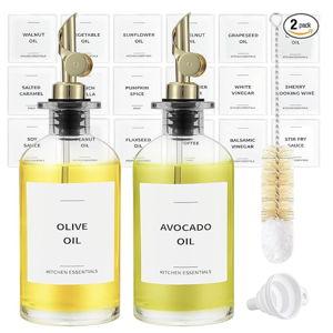 Olive Oil Dispenser Bottle - Includes 55 Kitchen Essential Labels - Cooking Oil Bottles for Kitchen, Coffee Syrup Dispenser - Pourer Spout with 11.8 fl oz Glass Container Cruet - 2pcs, Gold