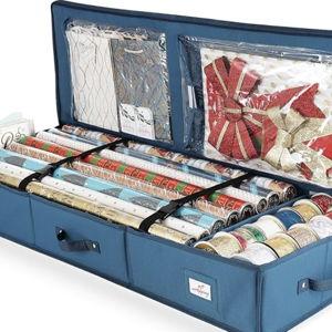 Hearth & Harbor Wrapping Paper Storage Container - Christmas Storage Bag with Interior Pockets - Gift Wrap Organizer Fits Up to 22 Rolls of 40" - Tear Proof, Blue