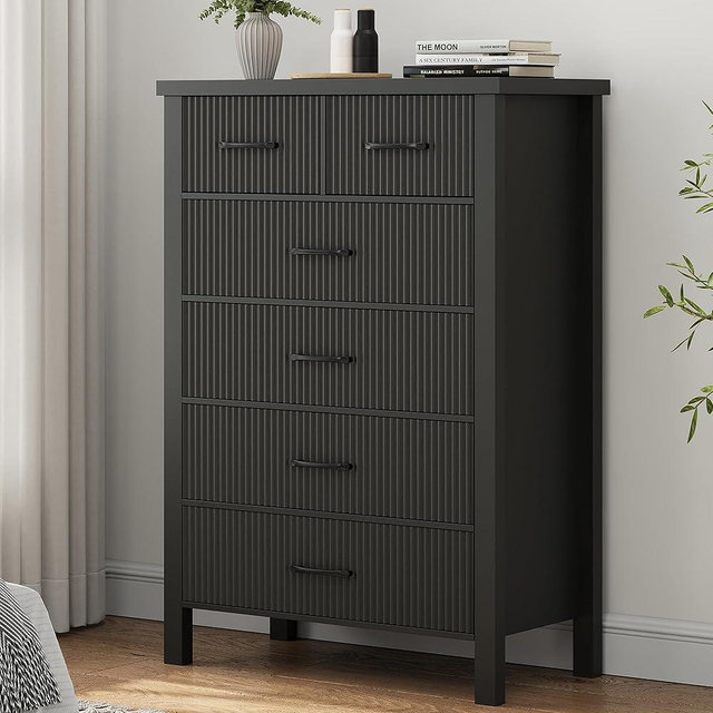 Jocoevol Fluted 6 Drawers Dresser for Bedroom, Tall Modern Chest of Drawers with Metal Handle, Wooden Closet Clothes Storage Organizer for Living Room, Hallway (Black)