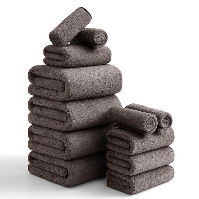 Luxury Bath Towels Set - 12 Piece (4 Large Bath Towels,4 Hand Towels,4 Washcloths), 100% Microfiber,Extra Absorbent Super Soft & Quick Dry,Complete Family Pack for Bathroom Gym Pool,Brown