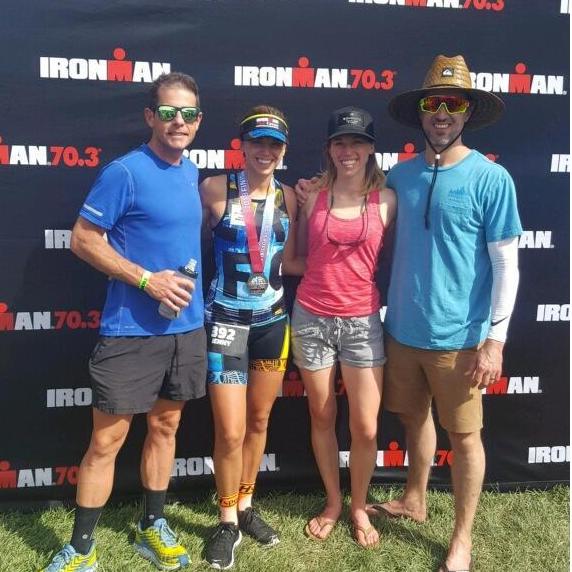 Jenny & Matt with Jenny's sister and bro-in-law, Tini & Steve in St. George Utah in 2018. Just after Jenny and Matt finished a 70.3 Half Ironman Race. That was one TOUGH day!