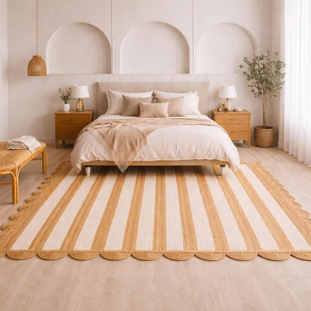 HOMEMONDE Scalloped Jute Area Rug 8'x10' Natural Stripe - Boho Home Décor Farmhouse Style Eco-Friendly Fiber Rug Hand Braided Rustic Vintage for Living Room, Bedroom, Dining Room, Hallway, Kitchen