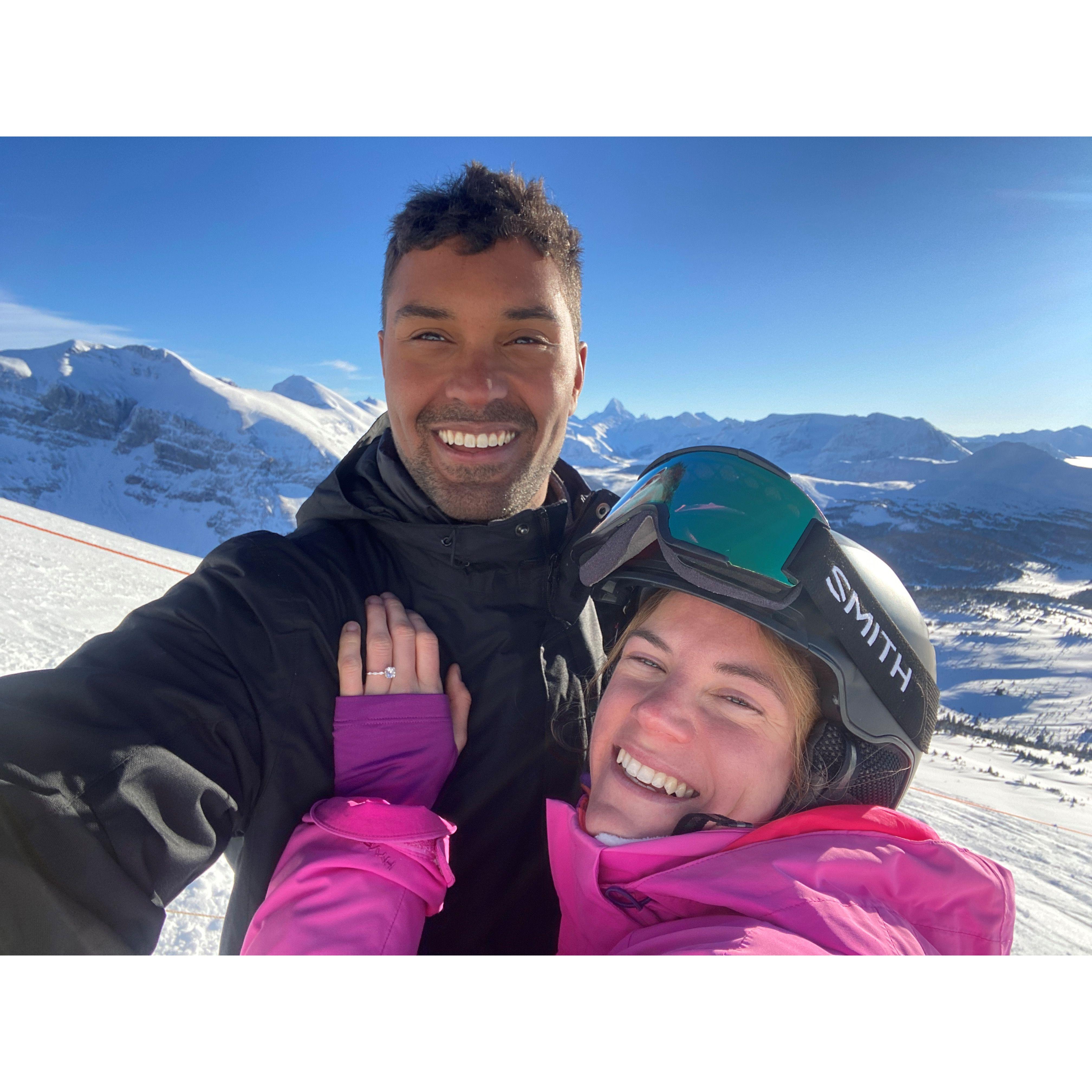 We got engaged in Banff Canada while skiing in January 2023! Langston wrapped the ring in tin-foil like a sandwich and stashed it in Brooke's backpack - then we "stopped for lunch"