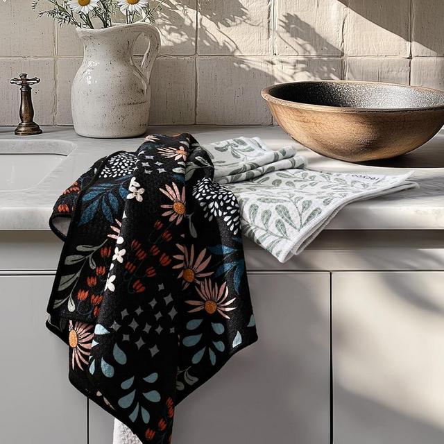 RECYCO Waffle Kitchen Towel Set of 2 - Quick Dry Microfiber Sustainable Dish Towels - Ultra Absorbent Reusable Cleaning Tea Towels - Lightweight Hand Towels,16”x 28”, Enchanted Bloom