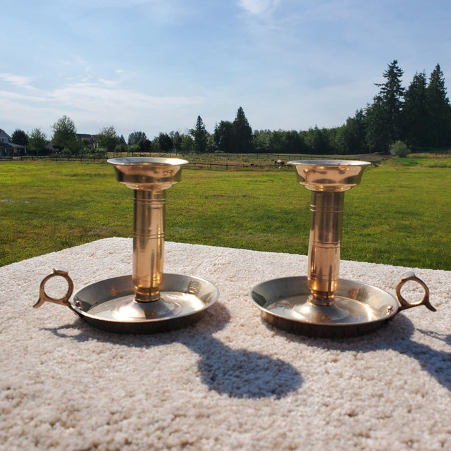 Pair of VTG Rococo Brass Chamberstick Candle Holders with Finger Loops Colonial Revival Candlesticks Taper Holders Classic Hollywood Decor