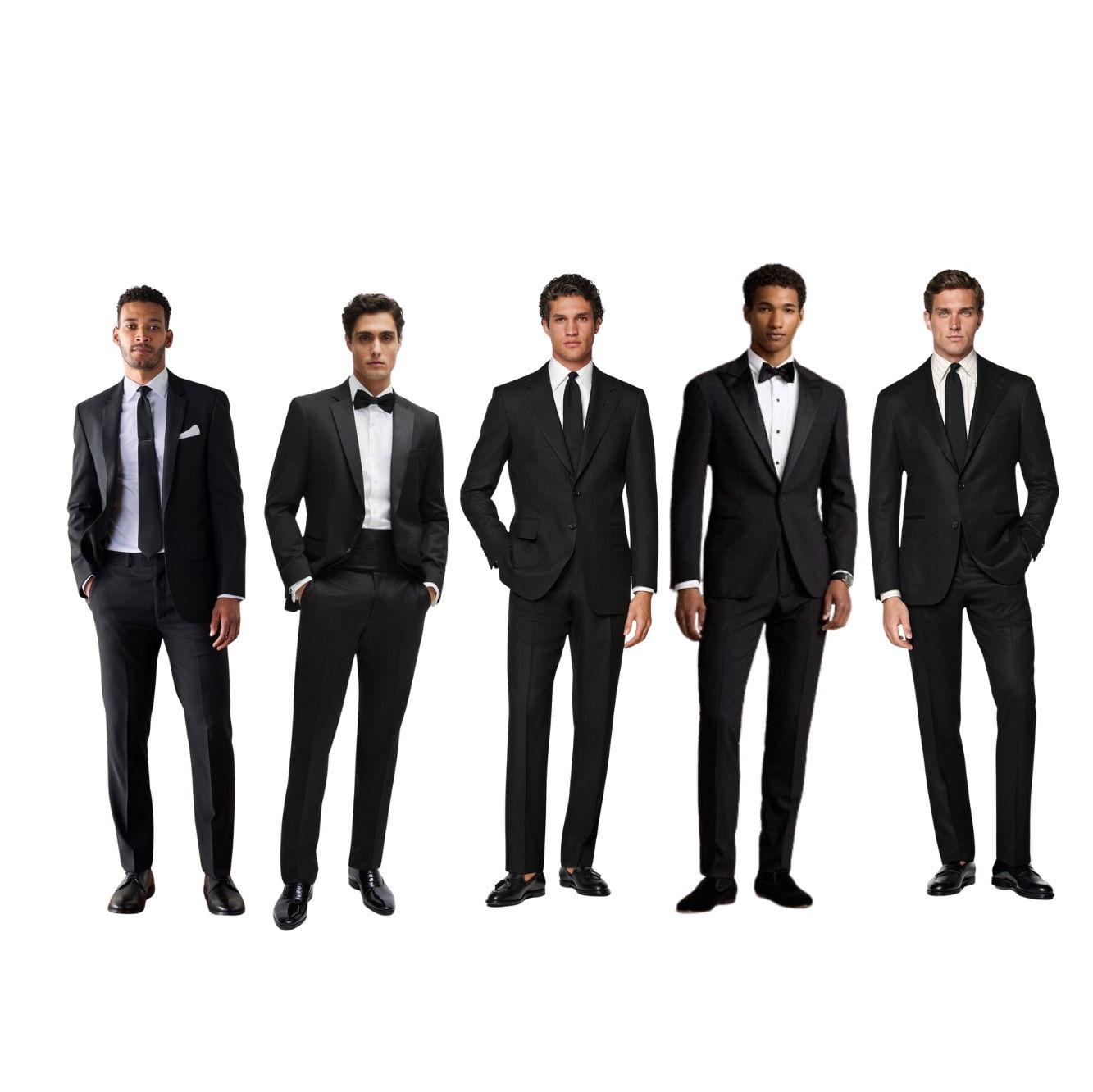 BLACK SUIT OR TUX WITH WHITE UNDER SHIRT + BLACK TIE AND SHOES