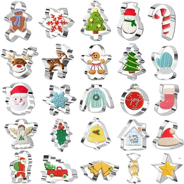 KAISHANE Christmas Cookie Cutters Set of 25 - Stainless Steel Christmas Biscuit Cutter Snowman, Gingerbread Man, Snowflake, Christmas Tree, Beer & More Shapes For Baking Xmas