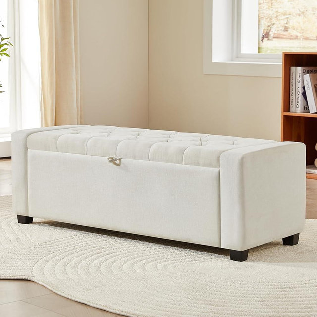 Storage Ottoman Bench for Bedroom End of Bed, Upholstered Tufted Bench Foot Rest for Living Room,Holds up to 330 lb,Rectangular Entryway Shoe Bench with Storage for Hallway,Linen Beige