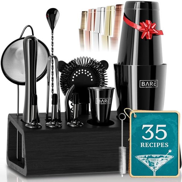 BARE BARREL® Pro Mixology Bartender Set Bar Kit | 14-Piece Boston Cocktail Shaker Set | Professional Barware Mixing Tools for Home Bartending | Stand & 35 Recipe Cards | Gift Set (Jet Black)