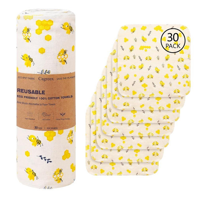 Cagreex Reusable Dishcloths Kitchen Towels Cotton: 30 Packs 10X10 Washable Roll Paperless Paper Towels Absorbent Dishcloths Set Dish Tea Towels for Kitchen Drying (30Bee, 10×10")