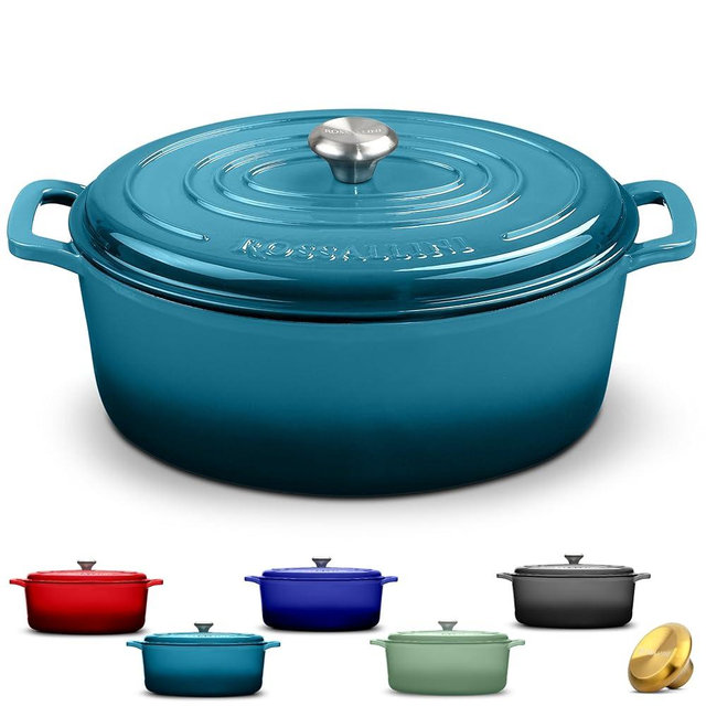 ROSSALLINI Signature Enameled Cast Iron Oval Dutch Oven | Non-Stick Serving Pot with Tight Fitting Lid for Perfect Roasting, Baking, Sauteing, and Bread Making | 6.75Q [Ocean Blue]