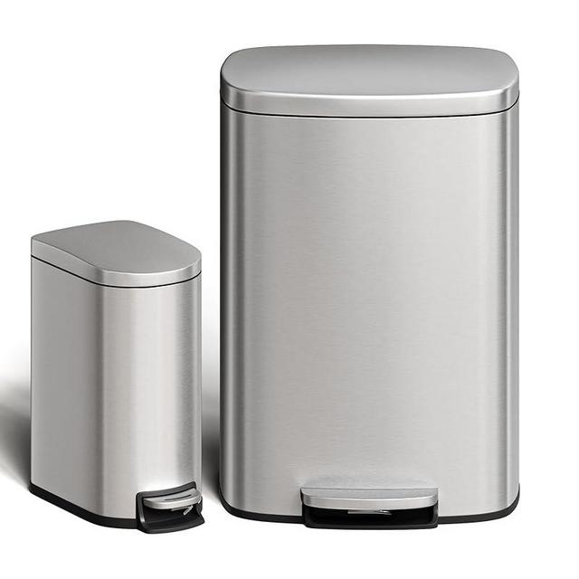 Garvee 13 gal (50 L) and 2.6 gal (10 L) Stainless Steel Trash Can Combo Set, Rustproof Garbage Can with Lid for Kitchen and Bathroom, Step-on Trash Bin with Inner Bucket, Rear Handle, Silver