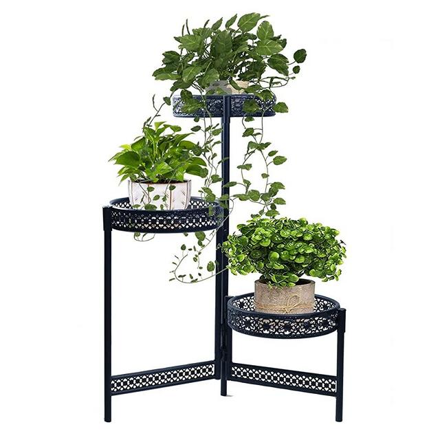 Metal Plant Stand 3 Tiers Folding Corner Shelf for Indoor Outdoor Multiple Plants Flower Pot Holder Display Vertical Shelves Wrought Iron Planter Rack Organizer Tall Fordable for Window Wall Black