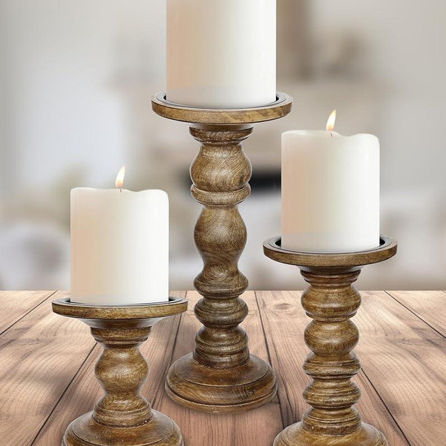 My Fancy Farmhouse Large Wood Candle Holders (Set of 3) - Tall Rustic Pillar Candlestick Stands - Fits 4 inch & 3 inch Pillar Candles - Modern Farmhouse Decor (Walnut Brown)