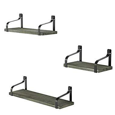 Love-KANKEI Floating Shelves Wall Mounted - Rustic Wood Wall Shelves Set of 3 for Bedroom Living Room Bathroom Kitchen Weathered Grey
