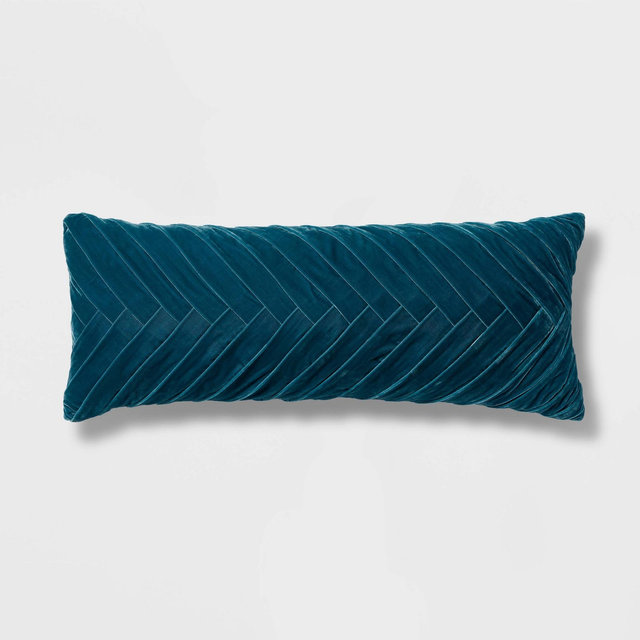 Oversized Oblong Pleated Velvet Decorative Throw Pillow Dark Teal Blue - Threshold™